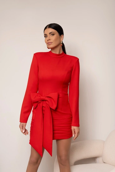 Sheila - Women's Red Dress with Detachable Bow and Long Sleeves 'Valentina'