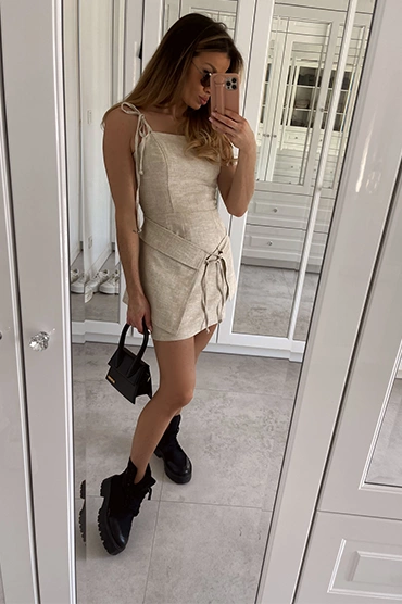 Sheila - Damska Sukienka beżowa lniana z naramkami mini 'Atena'