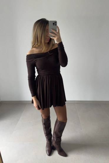 Sheila - Women's Brown Knitted Dress with Ruffles 'Bodega Brown'