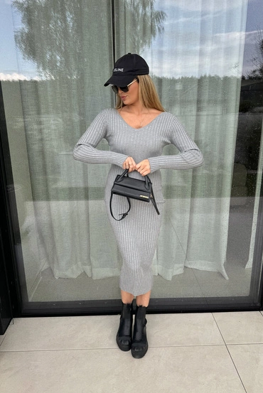 Sheila Select - Women's gray striped fitted dress 'Celine Grey'