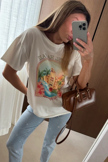 Sheila Select - Damski T-shirt beżowy z nadrukiem 'Hawaii'