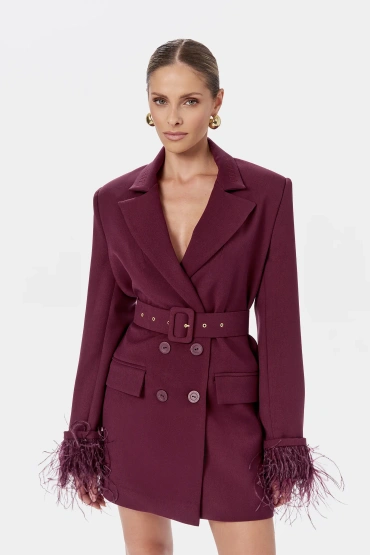 Sheila - Women's 'Delane' Burgundy Double-Breasted Dress Jacket with Feathers