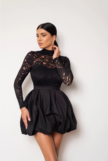 Sheila - Women's Black Bubble Cut Mini Dress with Lace 'Gilian'