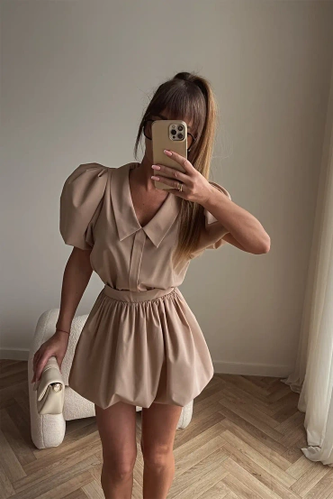 Sheila - Damska Sukienka beżowa o kroju bombki koszulowa mini 'Munre Beige'