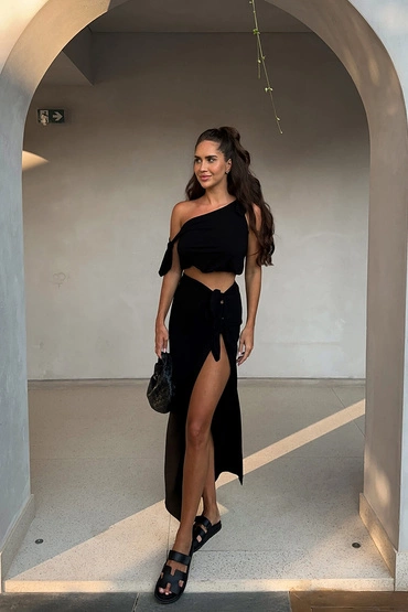 Sheila - Damski Komplet dwuczęściowy czarny grecki styl maxi 'Gaya Black'