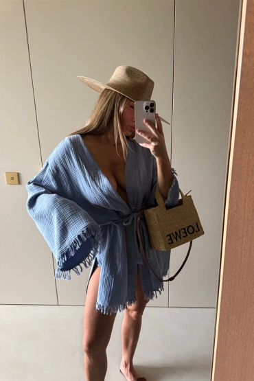 Sheila - Women's blue cotton boho fringe wrap 'Zambezi Blue'