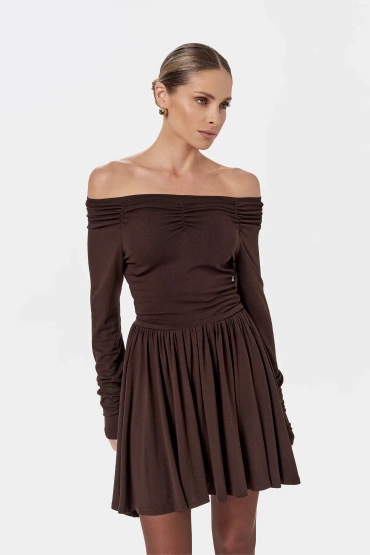 Sheila - Women's Brown Knitted Dress with Ruffles 'Bodega Brown'
