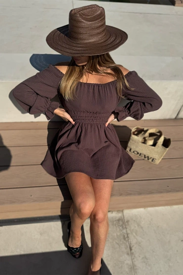 Sheila - Women's Brown Long Sleeve Mini Dress 'Lea Brown'