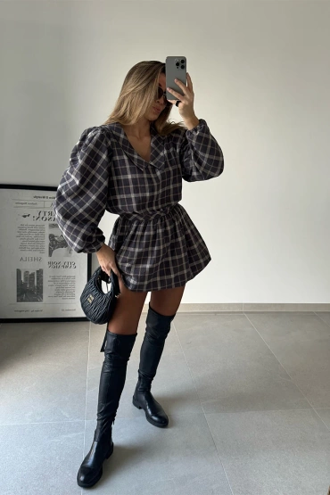 Sheila - Women's Brown Checked Bomber Cut Shirt Dress with Long Sleeves 'Munre Brown Long' Mini Dress