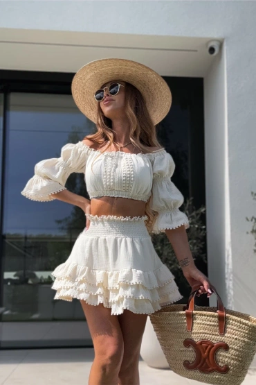 Sheila - Damski Komplet beżowy z koronką mini 'Miquel Beige'