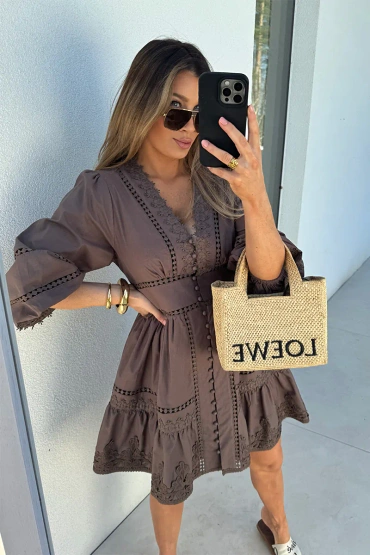 Sheila Select - Women's Brown Button Mini Dress 'Charlotte Brown'