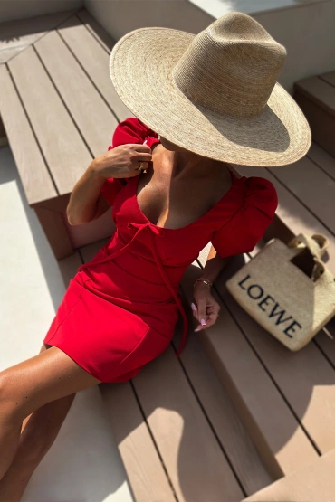 Sheila - Women's Red Dress with Tie mini 'Nada'