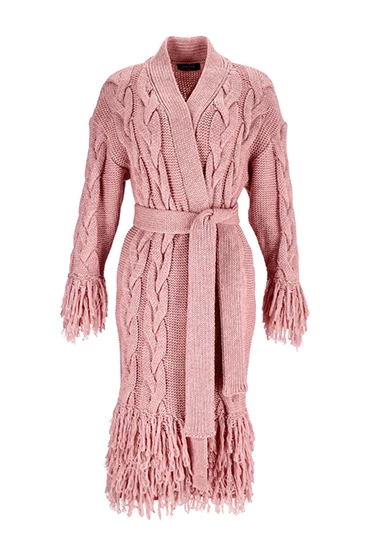 Sheila - Damski Kardigan różowy z frędzlami maxi 'Fringe Pink'