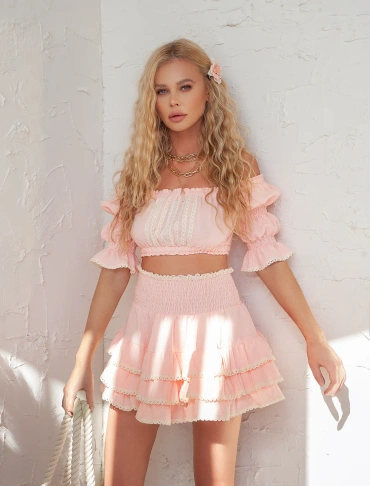 Sheila - Damski Komplet brzoskwiniowy z koronką mini 'Miquel'