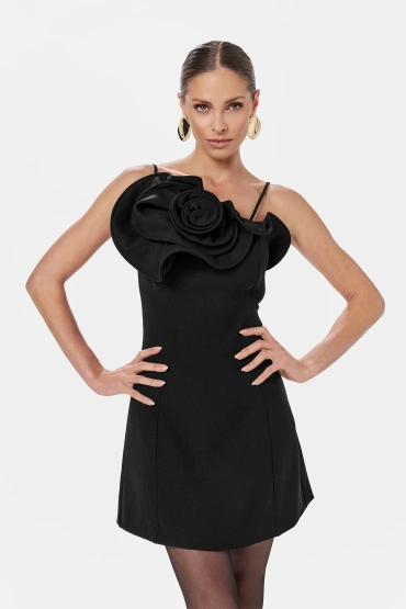 Sheila - Women's Classic Black Dress with Decorative Ruffles 'Crystal'