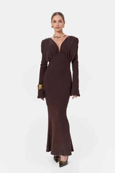 Sheila - Women's Brown Knitted Dress with Long Flared Sleeves Maxi 'Mariza'