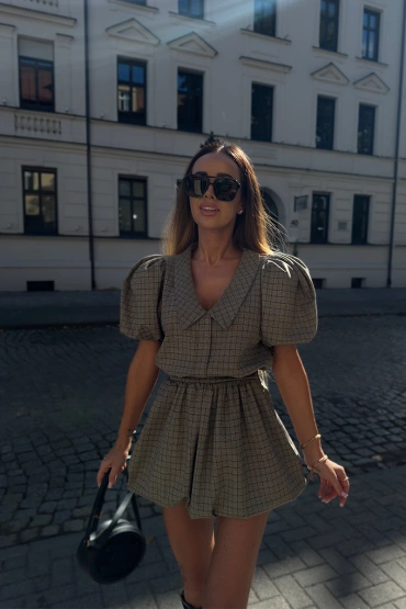 Sheila - Women's Beige Checked Bomber Cut Mini Shirt Dress 'Munre Beige'