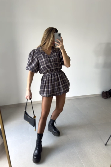 Sheila - Women's Brown Checked Bomber Cut Shirt Mini Dress 'Munre Brown Short'