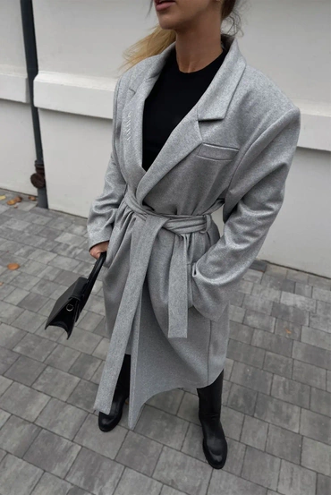 Sheila - grey loose classic coat with collar and belt  - Dolores