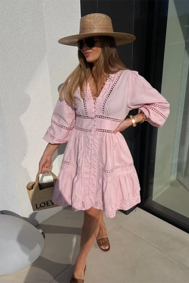Sheila Select - Damska Sukienka różowa z guzikami mini 'Charlotte Pink'