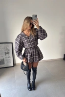 Sheila - Women's Brown Checked Bomber Cut Shirt Dress with