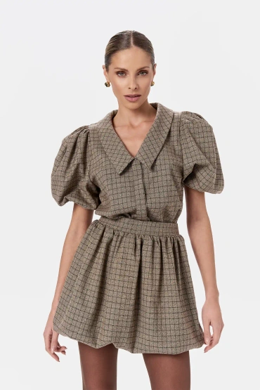 Sheila - Damska Sukienka beżowa w kratkę o kroju bombki koszulowa mini 'Munre Beige Grille'