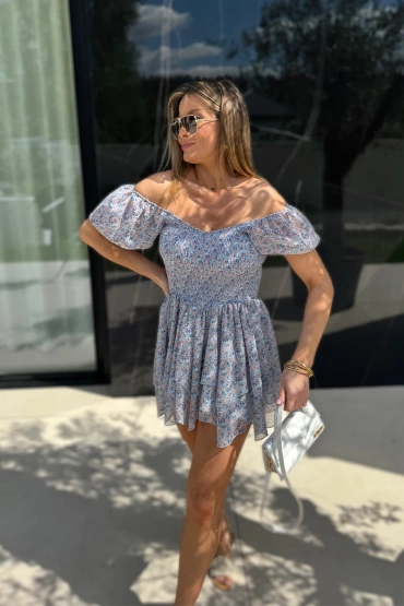 Sheila - Damska Sukienka niebieska w kwiatki mini 'Sirocco Blue'