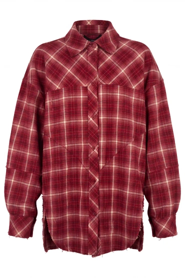 Sheila – Women's oversized shirt with a washed-out red check washed effect 'Rowan'