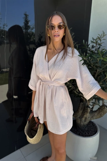 Sheila - Damska Sukienka bawełniana beżowa mini 'Marcela Beige'