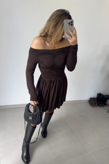 Sheila - Women's Brown Knitted Dress with Ruffles 'Bodega Brown'