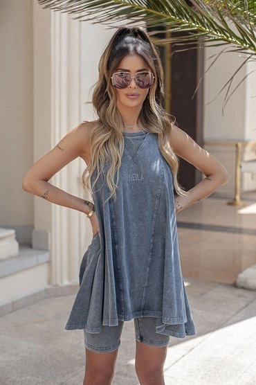 Sheila - Women's Washed Grey Sports Mini Dress with 'Space' Embroidery