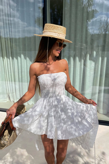 Sheila - Damska Sukienka biała z haftowanej bawełny z falbaną midi ''Solar'
