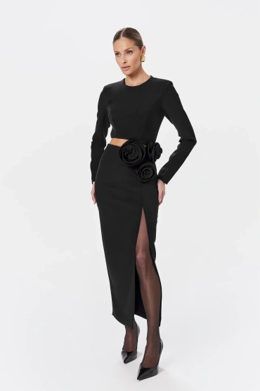 Sheila - Women's Black Dress with Cutout Belly and Flowers 'Marlow'