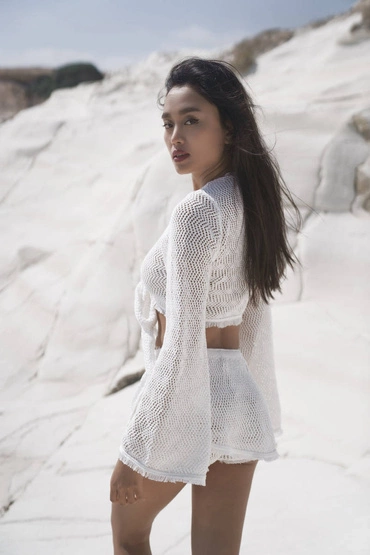 Sheila - Women's two-piece white openwork set, handmade boho 'Zambezi'