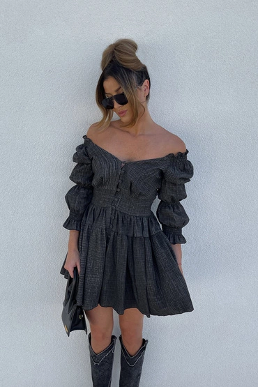 Sheila - Women's loose-cut gray/dark dress with ruffles on midi sleeves 'Noel'