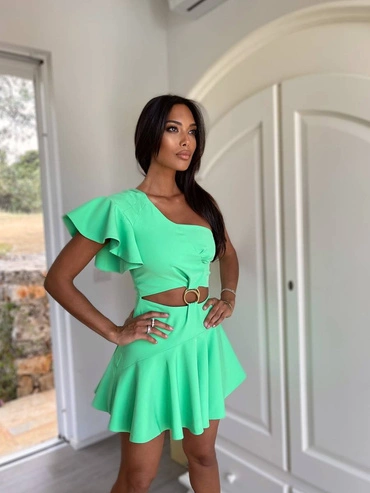 Sheila - Women's green mini dress with a gold buckle and an exposed midriff 'Toscana'