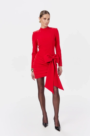 Sheila - Women's Red Mini Dress with Detachable Bow and Long Sleeves 'Valentina'