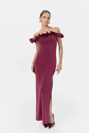 Sheila - Women's Plum Knit Maxi Dress with Ruffle 'Hazier'