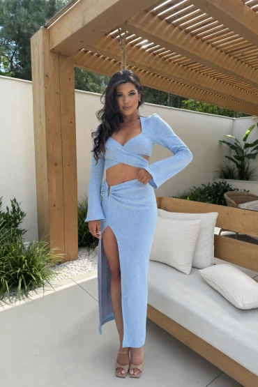 Sheila – Women's blue textured knit maxi set with gold embellishment – 'Sorenne blue'