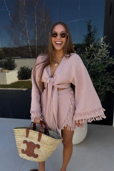 Sheila- Women's pink two-piece set with fringes and long sleeves boho 'Palamas'