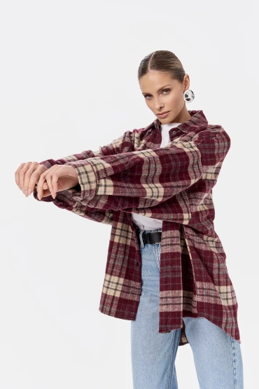 Sheila Select - Women's Burgundy Check Cotton Shirt 'Louna'