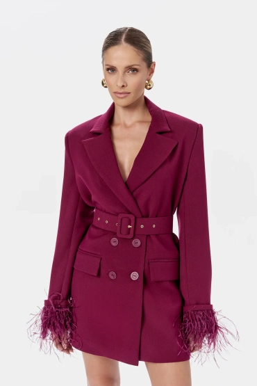 Sheila - Women's 'Delane' Burgundy Double-Breasted Dress Jacket with Feathers