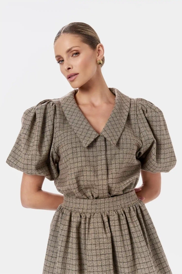 Sheila - Women's Beige Checked Bomber Cut Mini Shirt Dress 'Munre Beige'