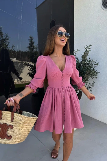 Sheila - Women's Pink Button-Up Muslin Mini Dress with Elastic Waist 'Selene Pink'
