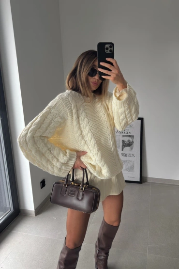 Sheila Select - Damski Sweter kremowy z warkoczami 'Mattia Cream'